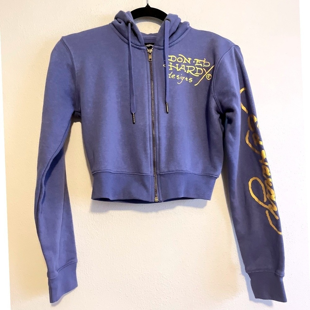 Ed Hardy Hoodie Womens Small Blue Cropped Full Zip Tiger Graphic Back Sweatshirt